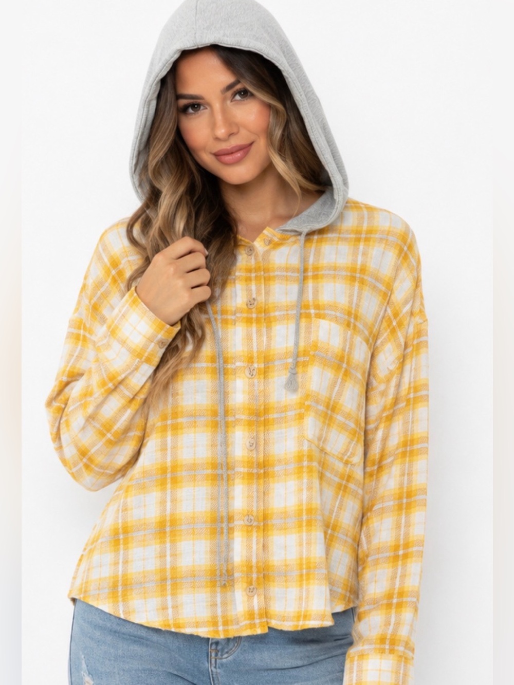 Ultra Flirt Yellow Plaid Hooded Flannel Button-Down Shirt Size XL - NWOT
